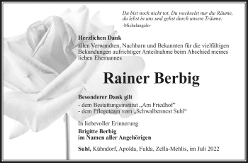 Traueranzeige von Rainer Berbig von Südthüringer Presse