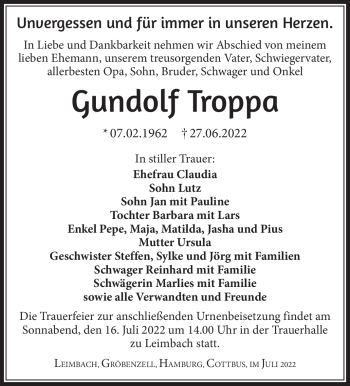Traueranzeige von Gundolf Troppa von Südthüringer Presse