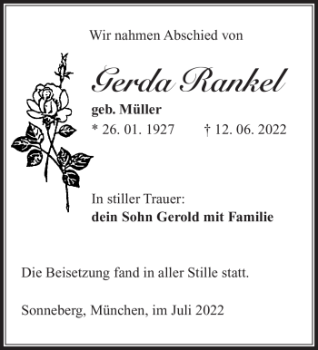 Traueranzeige von Gerda Rankel von Südthüringer Presse