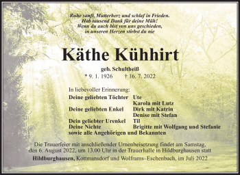 Traueranzeige von Käthe Kühhirt von Südthüringer Presse