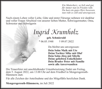 Traueranzeige von Ingrid Krumholz von Südthüringer Presse