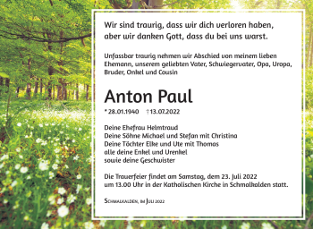 Traueranzeige von Anton Paul von Südthüringer Presse