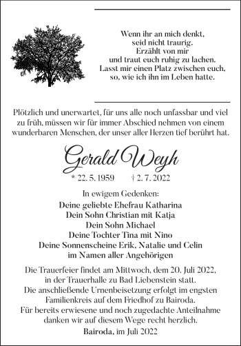 Traueranzeige von Gerald Weyh von Südthüringer Presse