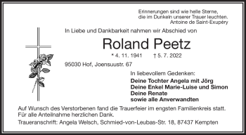 Traueranzeige von Roland Peetz von Frankenpost