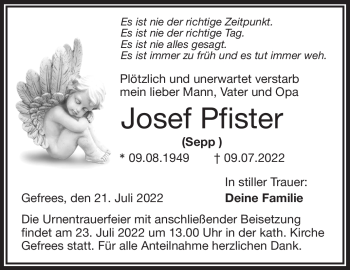 Traueranzeige von Josef Pfister von Frankenpost