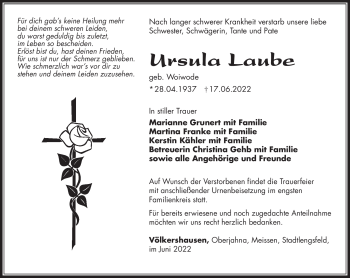 Traueranzeige von Ursula Laube von Südthüringer Presse