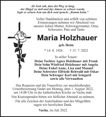 Traueranzeige von Maria Holzhauer von Südthüringer Presse