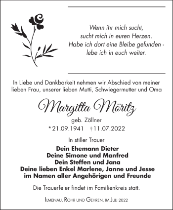 Traueranzeige von Margitta Möritz von Südthüringer Presse