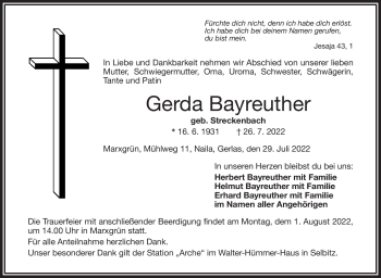 Traueranzeige von Gerda Bayreuther von Frankenpost