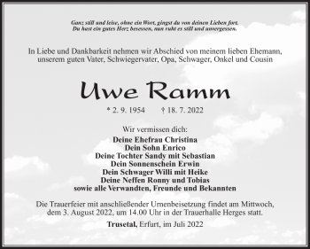Traueranzeige von Uwe Ramm von Südthüringer Presse