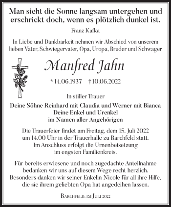 Traueranzeige von Manfred Jahn von Südthüringer Presse