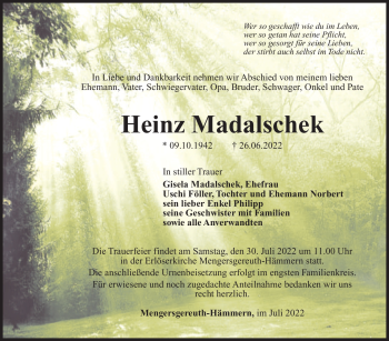 Traueranzeige von Heinz Madalschek von Südthüringer Presse