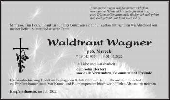 Traueranzeige von Waltraud Wagner von Südthüringer Presse