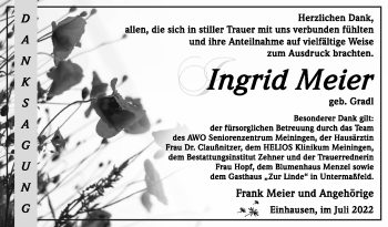 Traueranzeige von Ingrid Meier von Südthüringer Presse