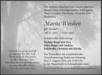 Traueranzeige von Marita Weisheit von Südthüringer Presse