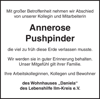 Traueranzeige von Annerose Puschpinder von Südthüringer Presse