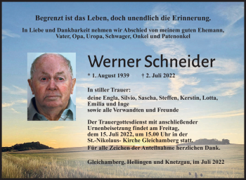 Traueranzeige von Werner Schneider von Südthüringer Presse