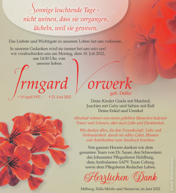 Traueranzeige von Irmgard Vorwerk von Südthüringer Presse
