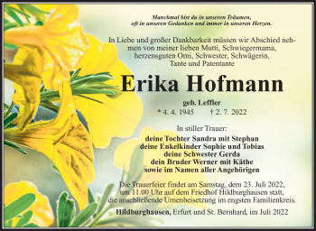 Traueranzeige von Erika Hofmann von Südthüringer Presse