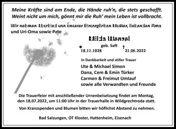 Traueranzeige von Milda Wenzel von Südthüringer Presse