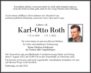 Traueranzeige von Karl-Otto Roth von Südthüringer Presse