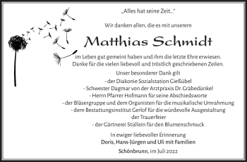Traueranzeige von Matthias Schmidt von Südthüringer Presse