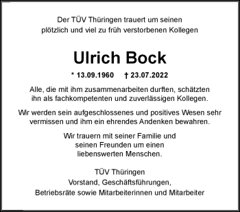 Traueranzeige von Ulrich Bock von Südthüringer Presse