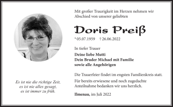 Traueranzeige von Doris Preiß von Südthüringer Presse