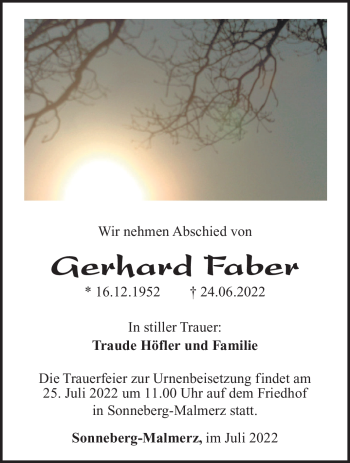 Traueranzeige von Gerhard Faber von Südthüringer Presse