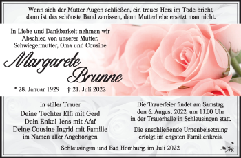 Traueranzeige von Margarete Brunne von Südthüringer Presse