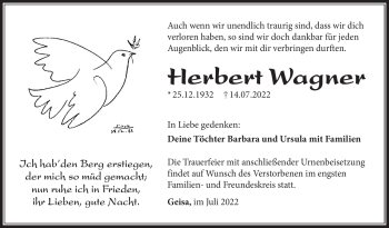Traueranzeige von Herbert Wagner von Südthüringer Presse