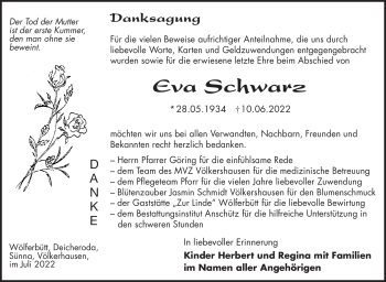 Traueranzeige von Eva Schwarz von Südthüringer Presse