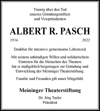Traueranzeige von Albert R. Pasch von Südthüringer Presse