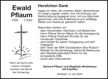 Traueranzeige von Ewald Pflaum von Südthüringer Presse