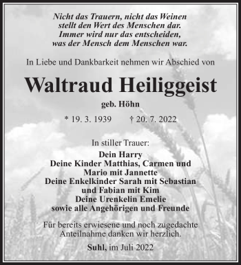 Traueranzeige von Waltraud Heiliggeist von Südthüringer Presse