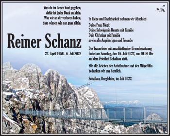 Traueranzeige von Reiner Schanz von Südthüringer Presse
