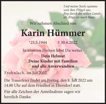 Traueranzeige von Karin Hümmer von Neue Presse Coburg