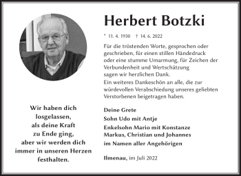 Traueranzeige von Herbert Botzki von Südthüringer Presse