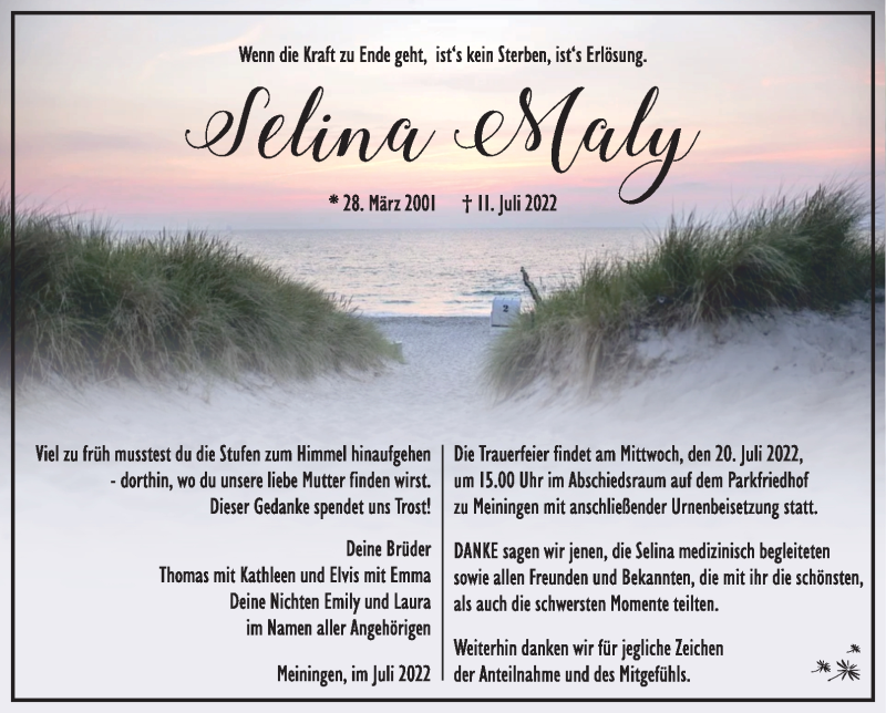  Traueranzeige für Selina Maly vom 16.07.2022 aus Südthüringer Presse