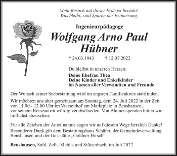 Traueranzeige von Wolfgang Arno Paul Hübner von Südthüringer Presse
