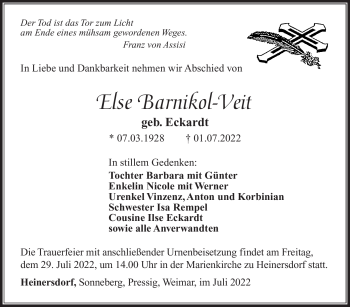 Traueranzeige von Else Barnikol-Veit von Südthüringer Presse