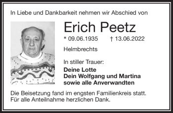 Traueranzeige von Erich Peetz von Frankenpost