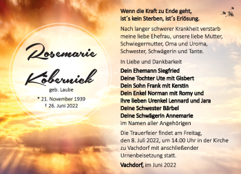 Traueranzeige von Rosemarie Köbernick von Südthüringer Presse