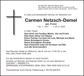 Traueranzeige von Carmen Netzsch-Demel von Frankenpost