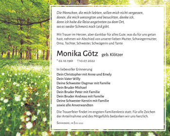 Traueranzeige von Monika Götz von Südthüringer Presse