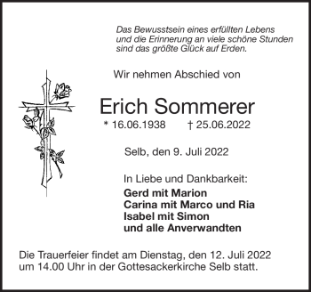 Traueranzeige von Erich Sommerer von Frankenpost