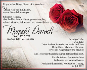 Traueranzeige von Manuela Domsch von Südthüringer Presse