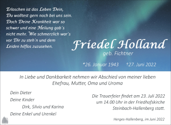 Traueranzeige von Friedel Holland von Südthüringer Presse