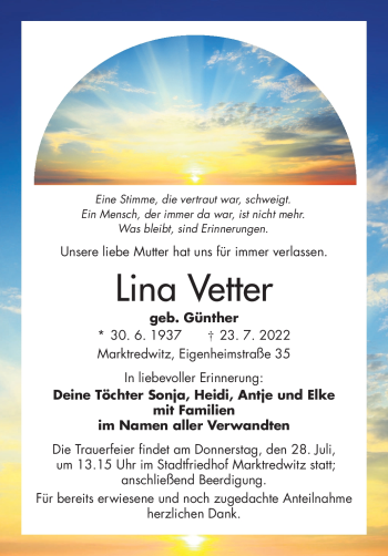 Traueranzeige von Lina Vetter von Frankenpost