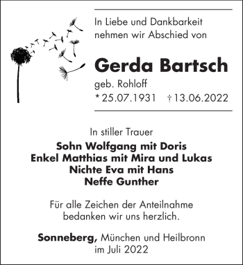 Traueranzeige von Gerda Bartsch von Südthüringer Presse